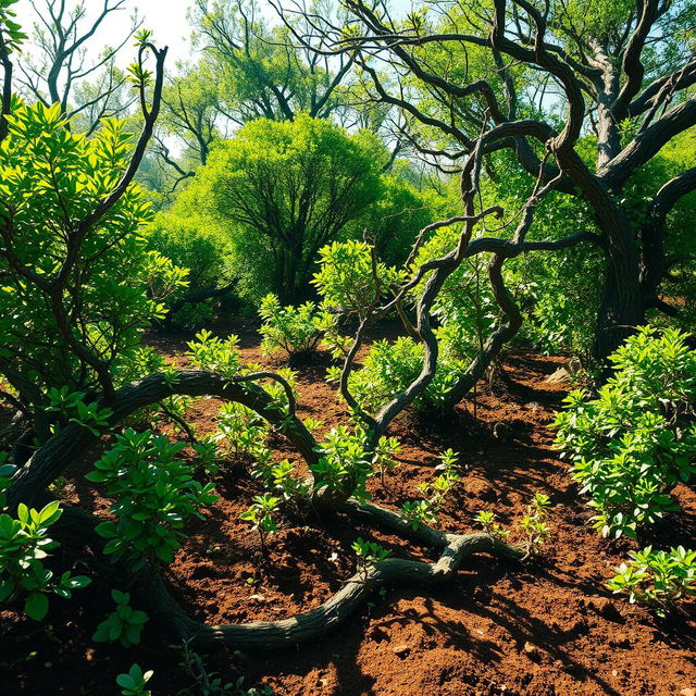 A surreal landscape featuring vibrant green bushes and twisted branches emerging from the ground in a wild, untamed setting