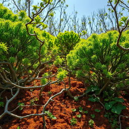 A surreal landscape featuring vibrant green bushes and twisted branches emerging from the ground in a wild, untamed setting