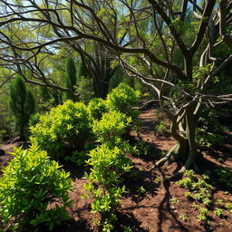 A surreal landscape featuring vibrant green bushes and twisted branches emerging from the ground in a wild, untamed setting