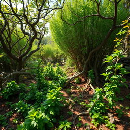 A surreal landscape featuring vibrant green bushes and twisted branches emerging from the ground in a wild, untamed setting