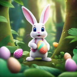 A high-quality, extremely detailed illustration of an Easter bunny embarking on an adventure in a lush jungle