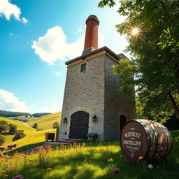 A scenic distillery tower nestled in a lush green landscape, showcasing classic architecture with large wooden doors and brick chimney