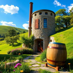 A scenic distillery tower nestled in a lush green landscape, showcasing classic architecture with large wooden doors and brick chimney