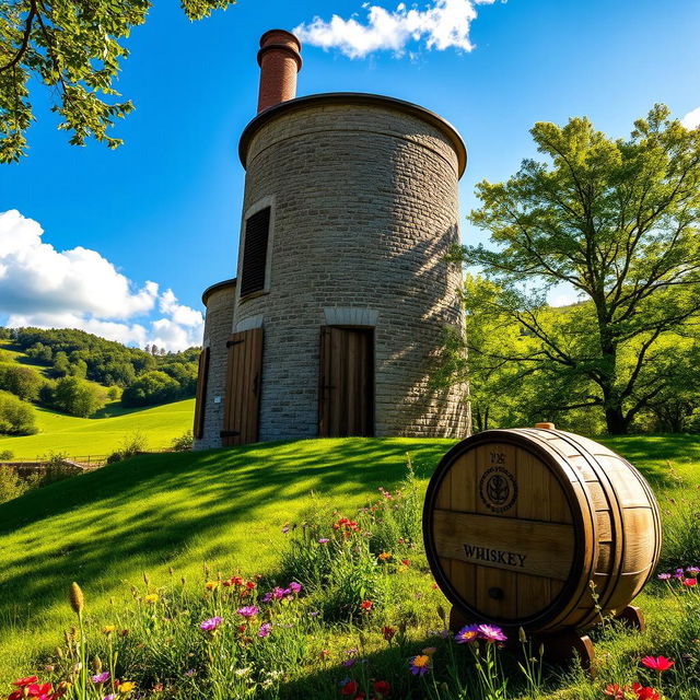 A scenic distillery tower nestled in a lush green landscape, showcasing classic architecture with large wooden doors and brick chimney