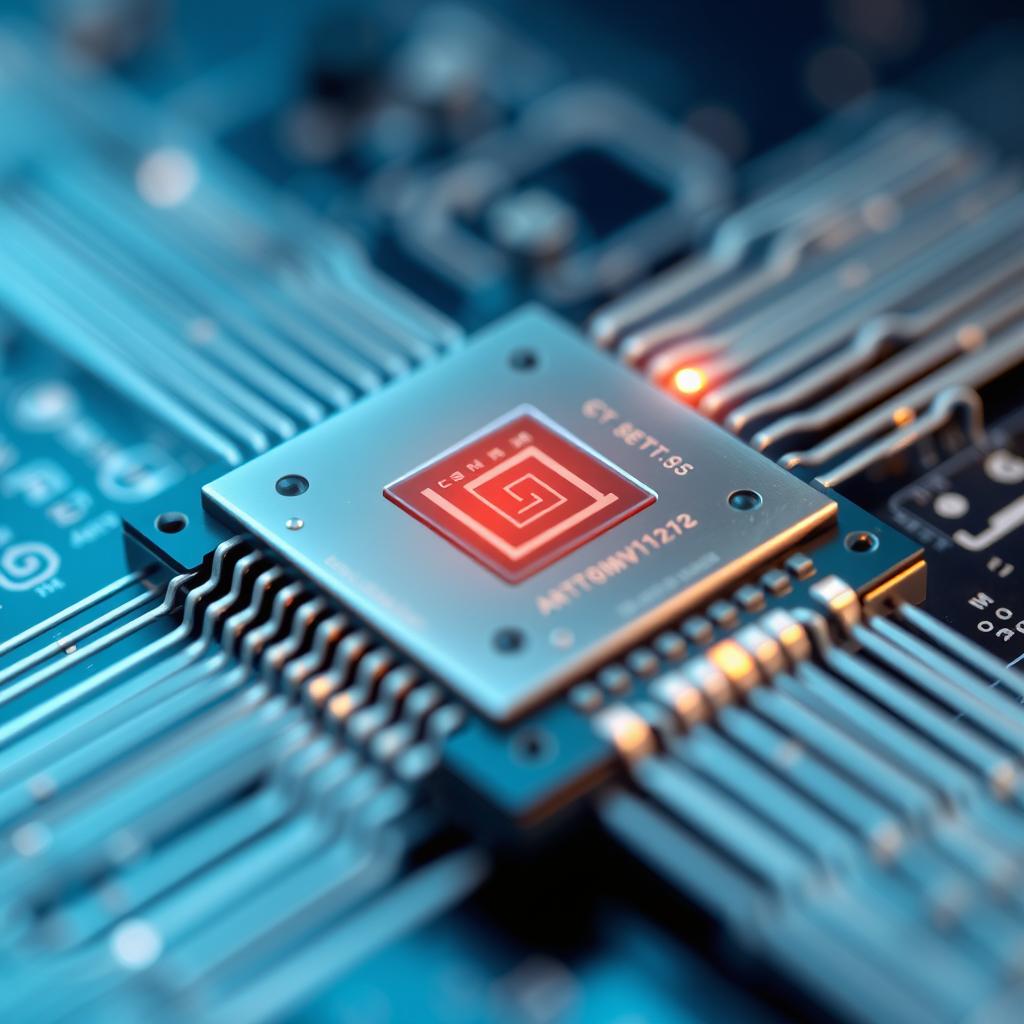 A close-up, high-resolution illustration of a CPU chip showcasing its intricate design and detailed circuitry