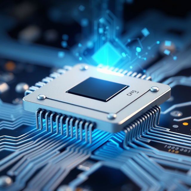 A close-up, high-resolution illustration of a CPU chip showcasing its intricate design and detailed circuitry