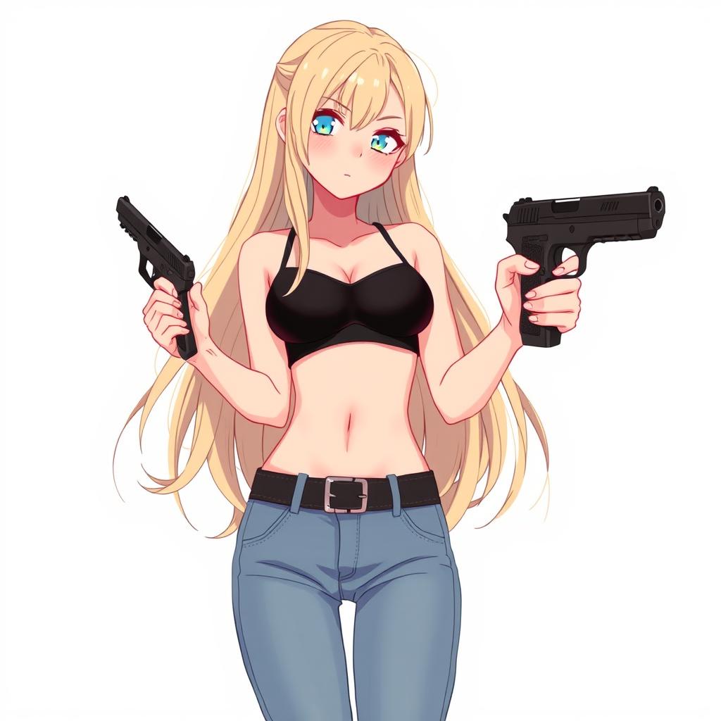 A girl with long, flowing hair, wearing a stylish black bra and fitted jean pants, confidently holding a sleek black pistol for defensive purposes