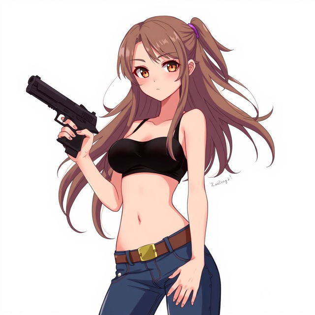 A girl with long, flowing hair, wearing a stylish black bra and fitted jean pants, confidently holding a sleek black pistol for defensive purposes