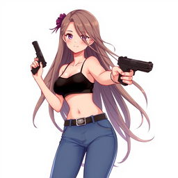 A girl with long, flowing hair, wearing a stylish black bra and fitted jean pants, confidently holding a sleek black pistol for defensive purposes