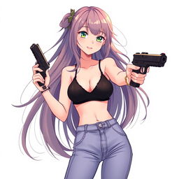 A girl with long, flowing hair, wearing a stylish black bra and fitted jean pants, confidently holding a sleek black pistol for defensive purposes