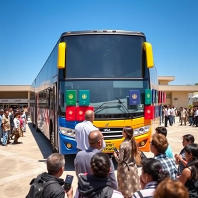 A large, modern bus painted in vibrant colors like blue and yellow, parked in an open space, possibly in front of a government building or service center