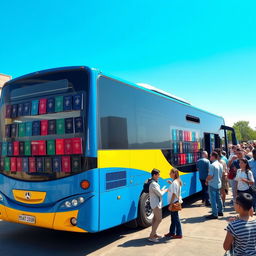 A large, modern bus painted in vibrant colors like blue and yellow, parked in an open space, possibly in front of a government building or service center
