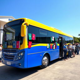 A large, modern bus painted in vibrant colors like blue and yellow, parked in an open space, possibly in front of a government building or service center