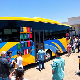 A large, modern bus painted in vibrant colors like blue and yellow, parked in an open space, possibly in front of a government building or service center