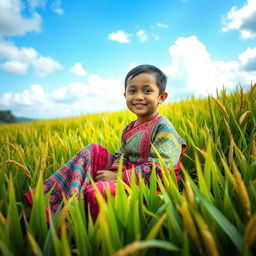 A young Burmese boy dressed in traditional attire, sitting gracefully in a lush green rice paddy field