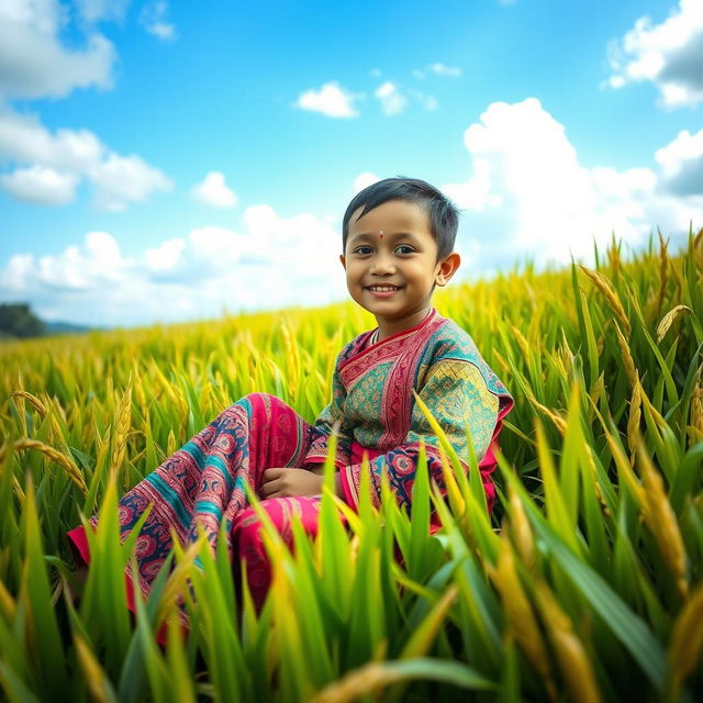 A young Burmese boy dressed in traditional attire, sitting gracefully in a lush green rice paddy field