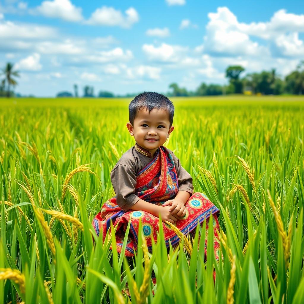 A young Burmese boy dressed in traditional attire, sitting gracefully in a lush green rice paddy field