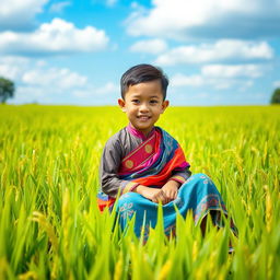 A young Burmese boy dressed in traditional attire, sitting gracefully in a lush green rice paddy field