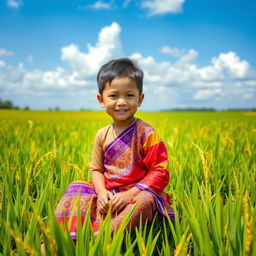 A young Burmese boy dressed in traditional attire, sitting gracefully in a lush green rice paddy field