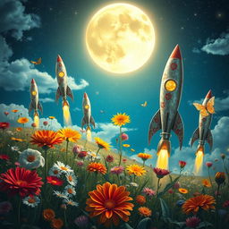 A magnificent scene depicting a dreamy landscape where various types of flowers are transformed into rockets, soaring towards a starry sky
