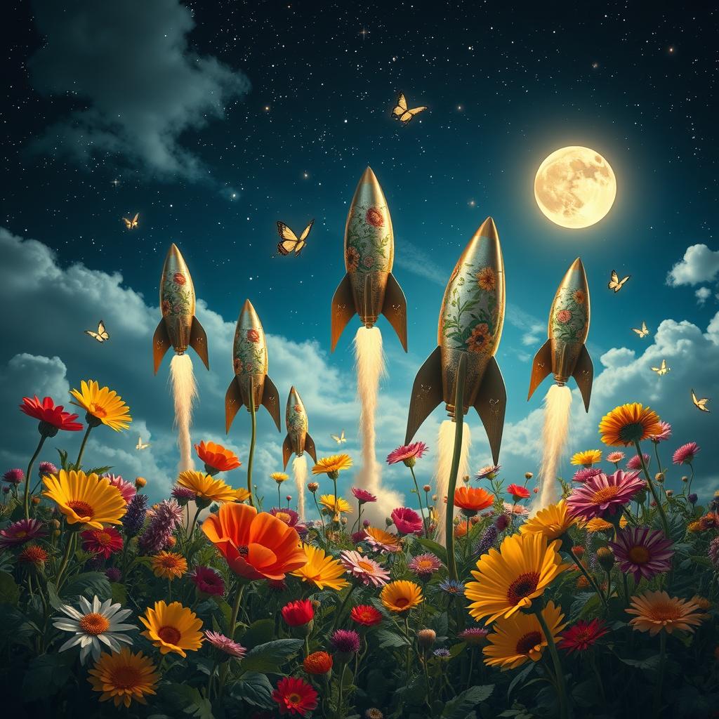 A magnificent scene depicting a dreamy landscape where various types of flowers are transformed into rockets, soaring towards a starry sky