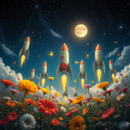 A magnificent scene depicting a dreamy landscape where various types of flowers are transformed into rockets, soaring towards a starry sky