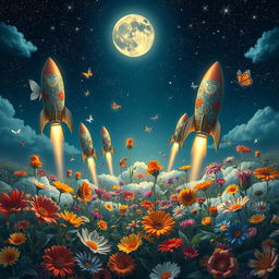 A magnificent scene depicting a dreamy landscape where various types of flowers are transformed into rockets, soaring towards a starry sky
