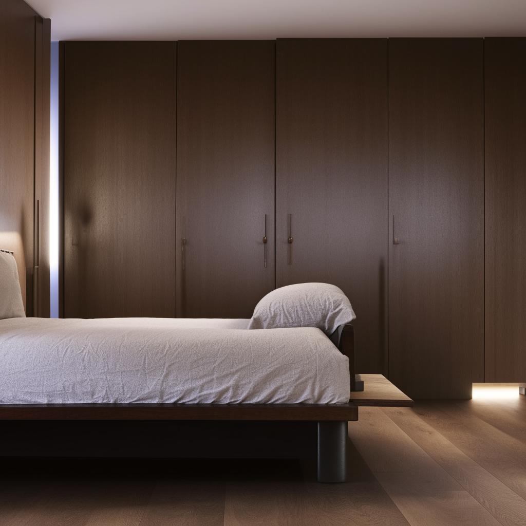 A modern bedroom showcasing contemporary furniture design on a dark wooden floor