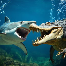 A dramatic underwater scene featuring a fierce shark and a formidable crocodile facing each other, showcasing their sharp teeth and fierce expressions