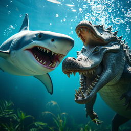 A dramatic underwater scene featuring a fierce shark and a formidable crocodile facing each other, showcasing their sharp teeth and fierce expressions