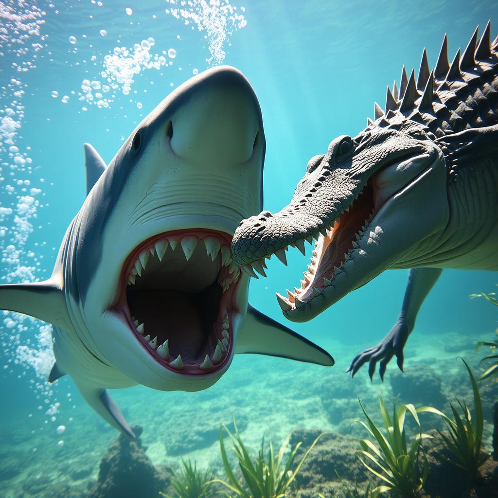 A dramatic underwater scene featuring a fierce shark and a formidable crocodile facing each other, showcasing their sharp teeth and fierce expressions