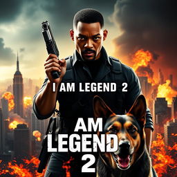 A dramatic movie poster for 'I AM LEGEND 2' featuring Will Smith at the center, holding a fierce-looking handgun, exuding intensity and determination