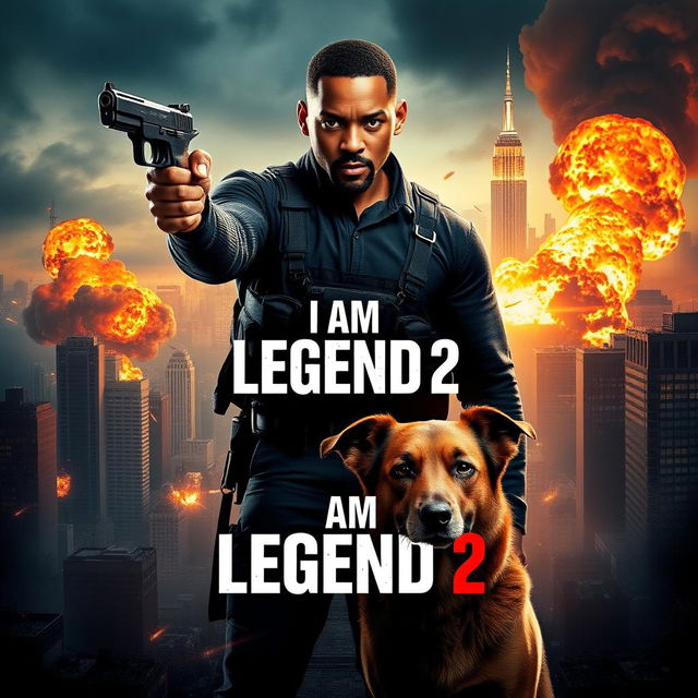 A dramatic movie poster for 'I AM LEGEND 2' featuring Will Smith at the center, holding a fierce-looking handgun, exuding intensity and determination