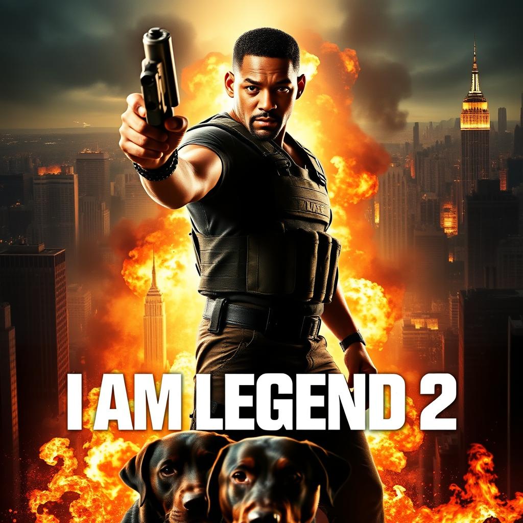 A dramatic movie poster for 'I AM LEGEND 2' featuring Will Smith at the center, holding a fierce-looking handgun, exuding intensity and determination