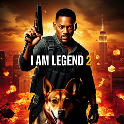 A dramatic movie poster for 'I AM LEGEND 2' featuring Will Smith at the center, holding a fierce-looking handgun, exuding intensity and determination