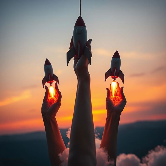 An artistic representation of temporarily suspended hands, transformed into rocket shapes, launching into the sky