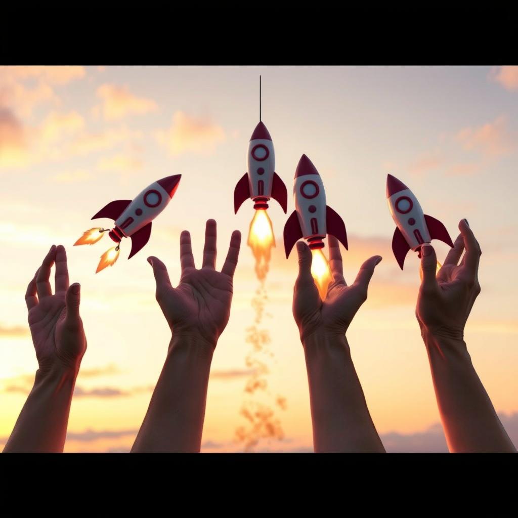 An artistic representation of temporarily suspended hands, transformed into rocket shapes, launching into the sky