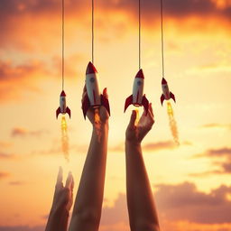 An artistic representation of temporarily suspended hands, transformed into rocket shapes, launching into the sky