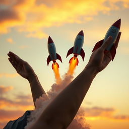 An artistic representation of temporarily suspended hands, transformed into rocket shapes, launching into the sky