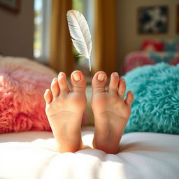 A playful scene featuring a pair of beautifully manicured feet, playfully exposed and effortlessly relaxed, resting on a soft, pastel-colored surface