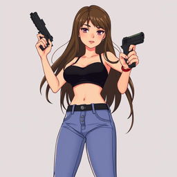 A girl with long hair, wearing a chic black bra and fitted jean pants, confidently holding a sleek black pistol for defense purposes