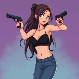 A girl with long hair, wearing a chic black bra and fitted jean pants, confidently holding a sleek black pistol for defense purposes
