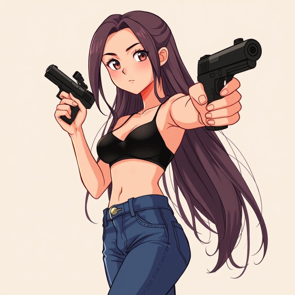 A girl with long hair, wearing a chic black bra and fitted jean pants, confidently holding a sleek black pistol for defense purposes