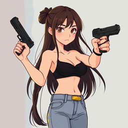 A girl with long hair, wearing a chic black bra and fitted jean pants, confidently holding a sleek black pistol for defense purposes