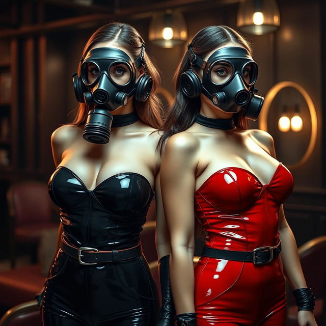 Two stunning slim women with voluptuous bosoms, adorned in black and red tight shiny latex suits that accentuate their figures perfectly