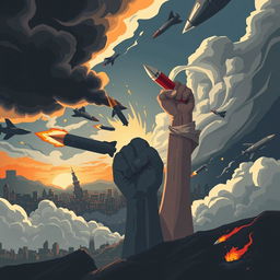 A dramatic scene depicting the tension in the Middle East, focusing on an abstract representation of conflict