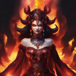 A vivid digital art image of a demon queen with a mischievous smile, planning to engulf everything in an entertaining fire