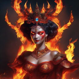 A vivid digital art image of a demon queen with a mischievous smile, planning to engulf everything in an entertaining fire