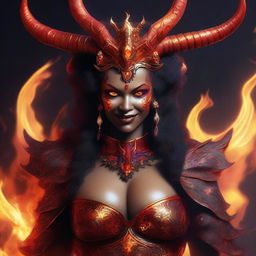 A vivid digital art image of a demon queen with a mischievous smile, planning to engulf everything in an entertaining fire