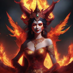 A vivid digital art image of a demon queen with a mischievous smile, planning to engulf everything in an entertaining fire